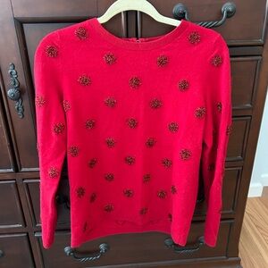 Talbots Bright Red Crew Neck Sweater with Floral Accents